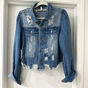 Elan Frayed Distressed Blue Denim Jacket with Slight Crop, Size Large